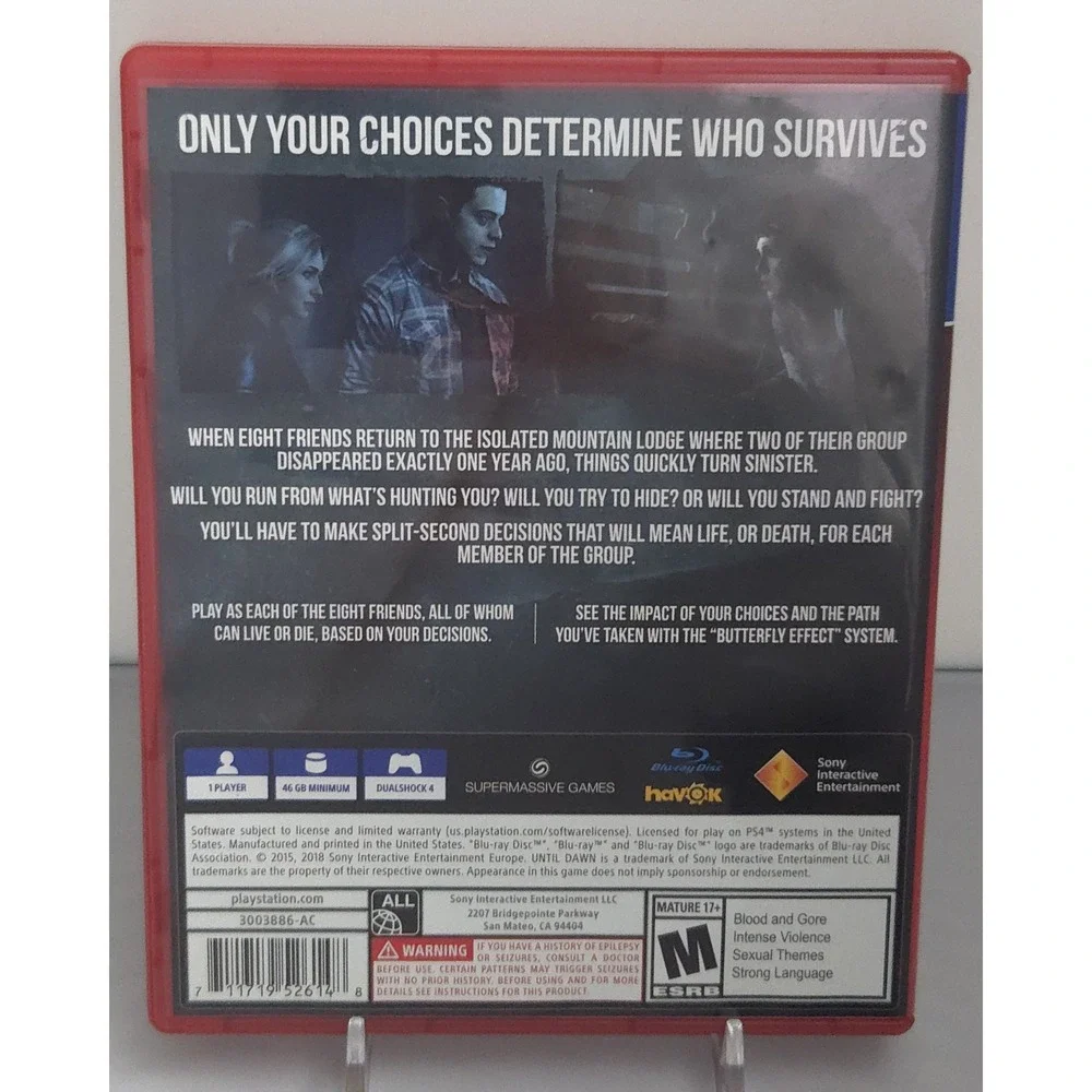 Until Dawn PlayStation Hits (PS4 Sony PlayStation 4, 2018) Case & Disc - Tested